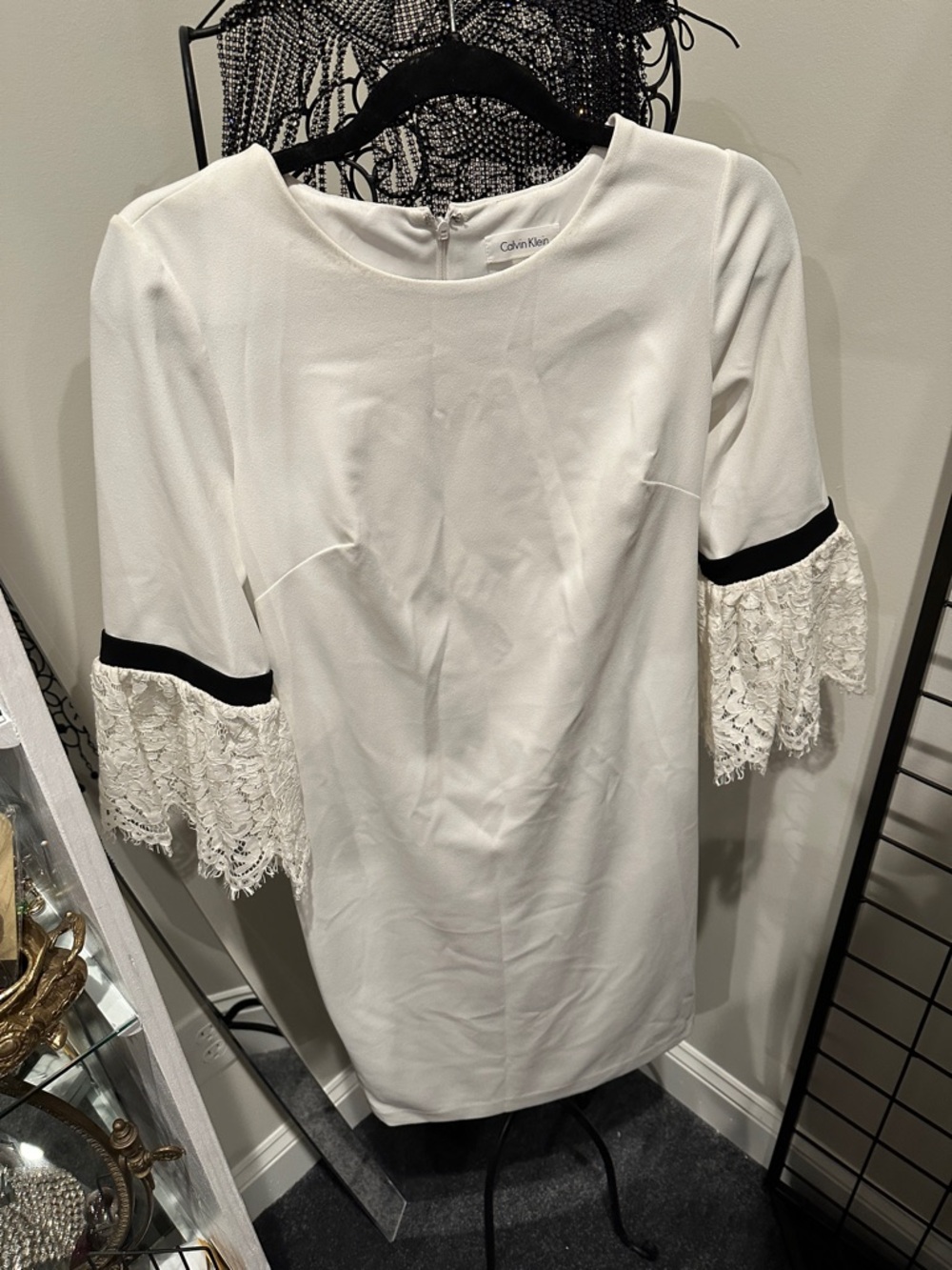 Calvin Klein White Shift Dress with Black Trim and Lace Sleeves